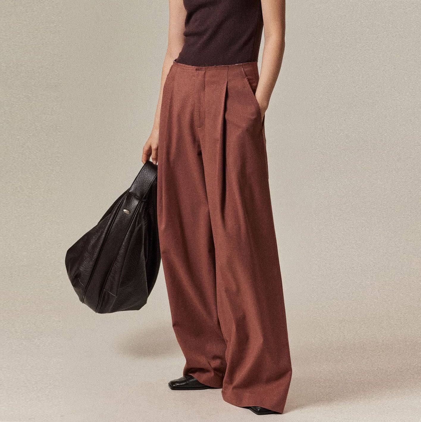 Solid Color Pocket Raw Edge Straight Leg Wide Leg Pants