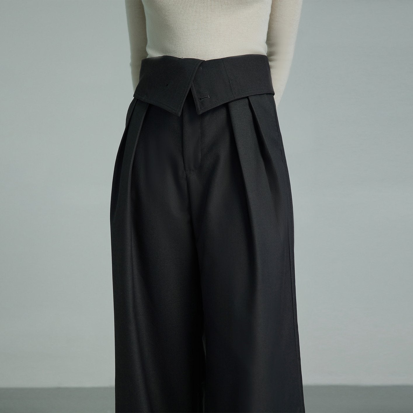 Solid Color High Waist Pocket Straight Leg Wide Leg Pants