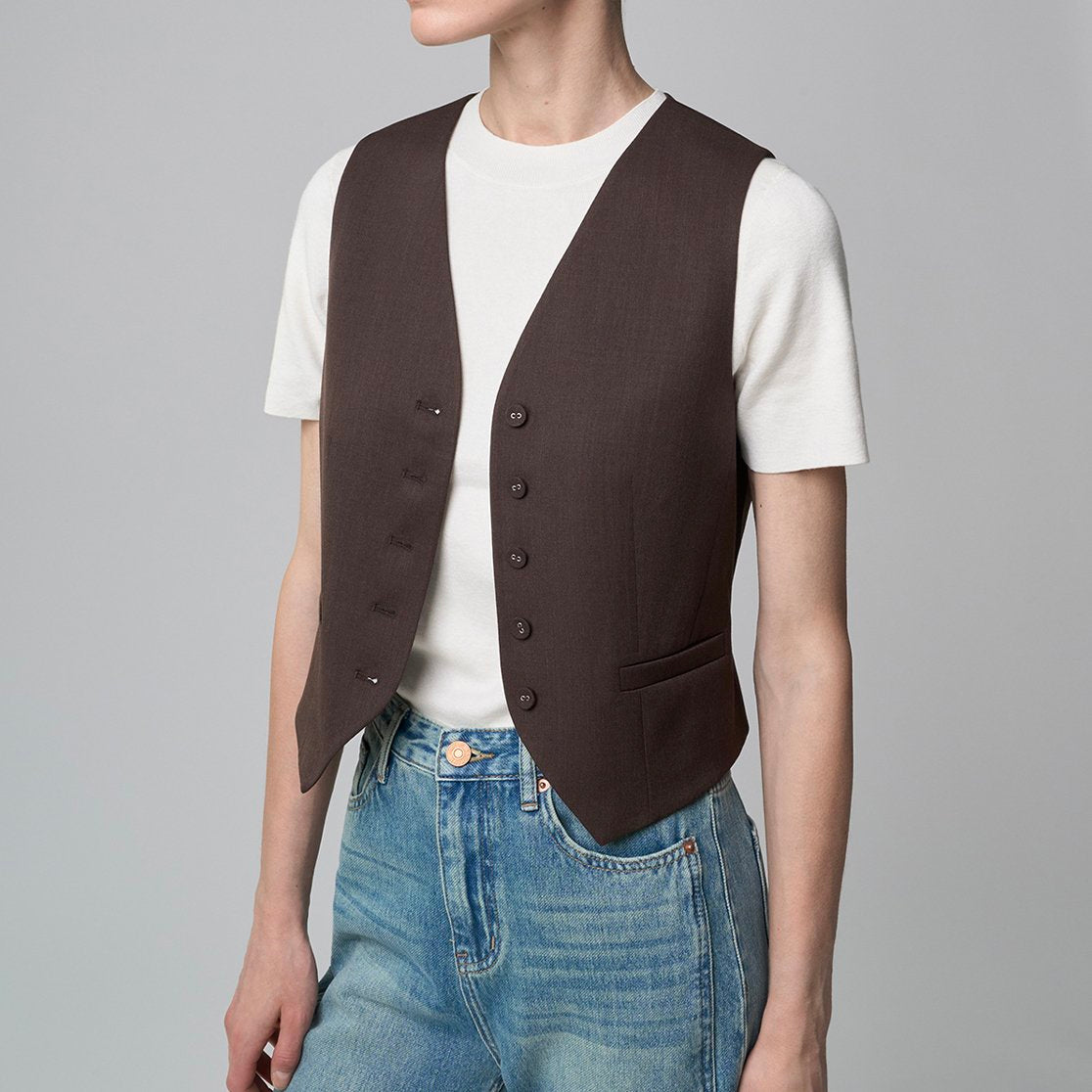 Solid Color V-Neck Sleeveless Cardigan Suit Vest