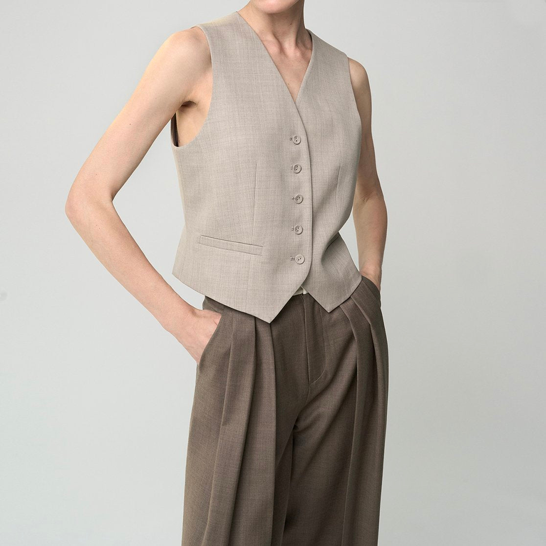 Solid Color V-Neck Sleeveless Cardigan Suit Vest