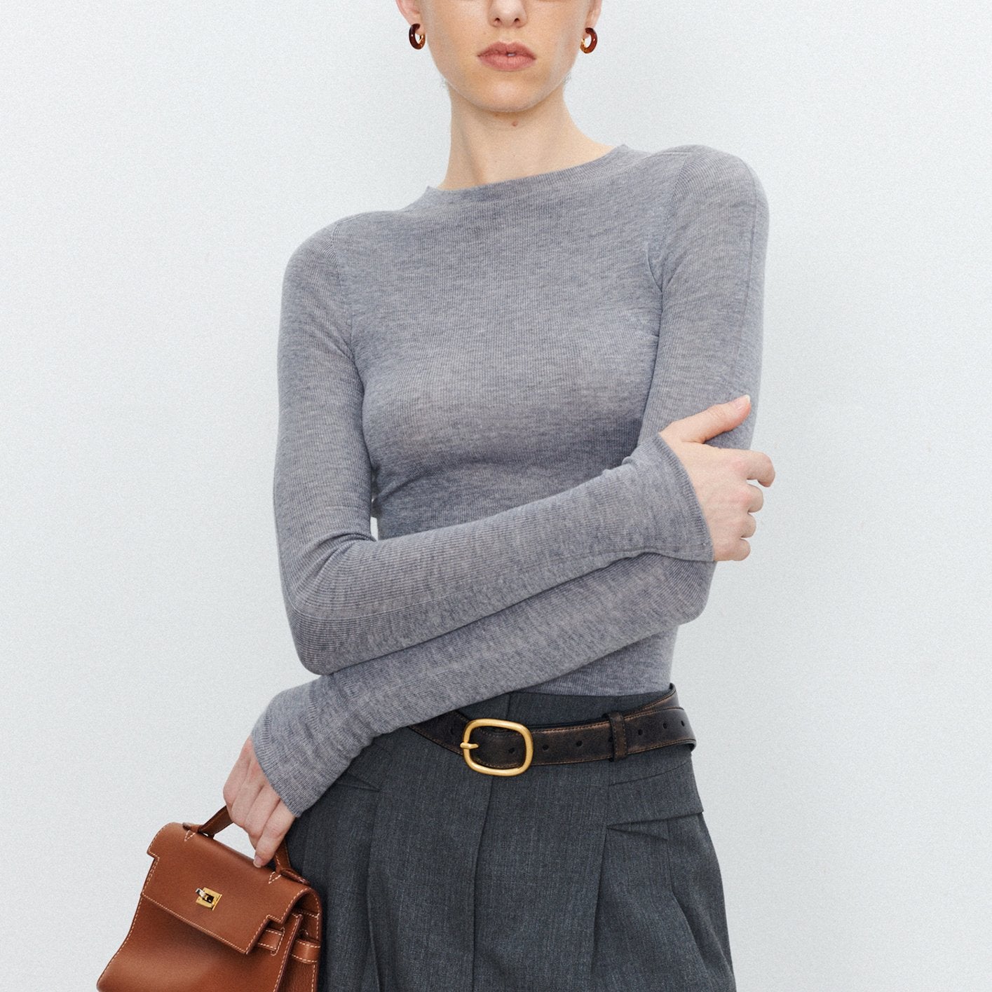 Solid Color Round Neck Long Sleeve Knit Bottom Shirt