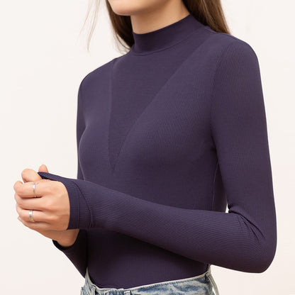 Solid Color Patchwork Half High Neck Long Sleeve Top