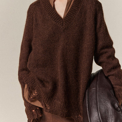 Ripped Edge V-Neck Pullover Knit Sweater